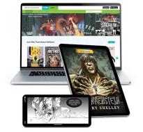 Comics on a laptop, tablet, and phone.