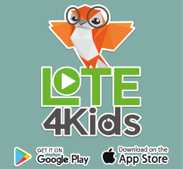 lote4kitslogo An orange owl wearing black glasses with its wings spread standing on the letters LOTE4Kids