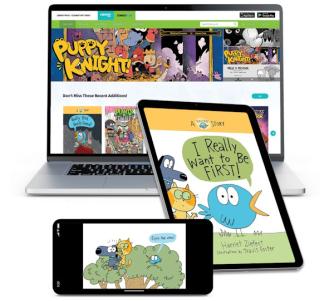 Comics on a laptop, tablet, and phone.