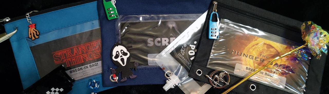 Three small locked pouches with clues to help you solve puzzles and get them open