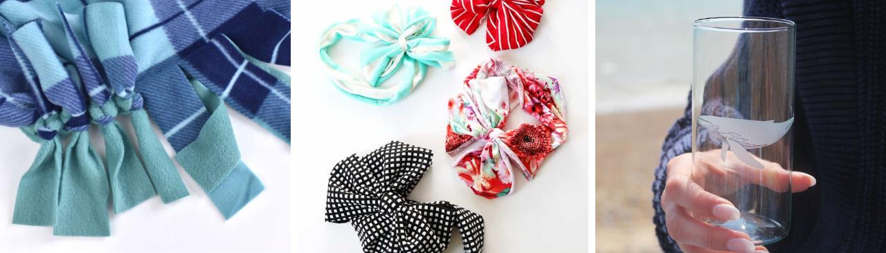 crafting-for-a-cause.jpg Photos of a no-sew blanket, baby hairbands, and an etched drinking glass