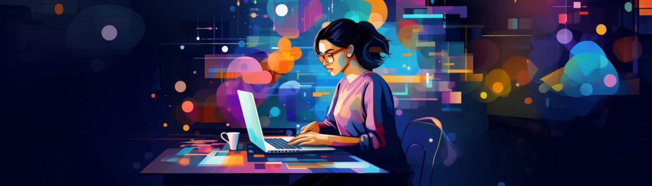 Demystifying-AI-hero.jpg A woman at a computer with colourful shapes on a dark background