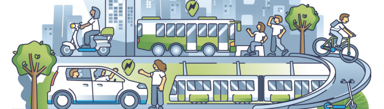 EarthDay_Hero.png A drawing of a community using electric vehicles, public transit, and active transportation