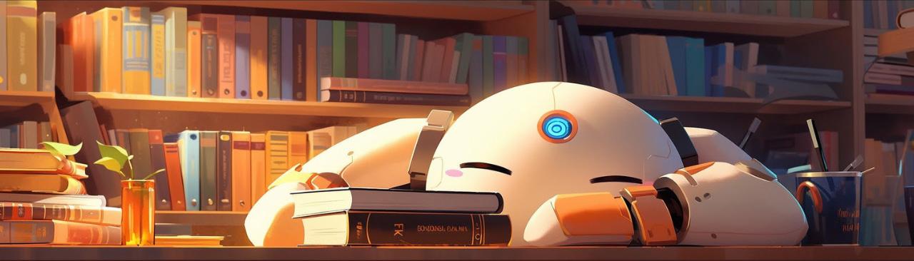A sleepy robot napping with books at a library table