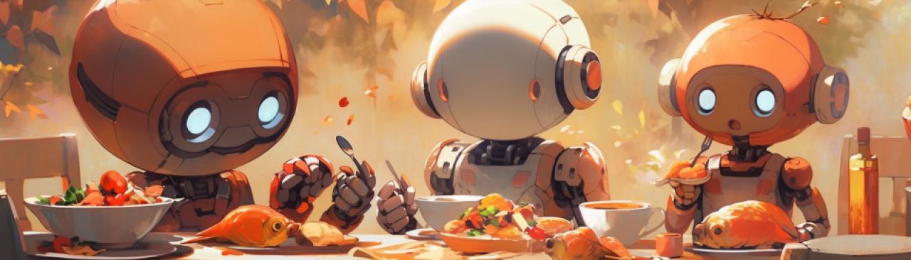 Three cute robots eating a fall dinner together