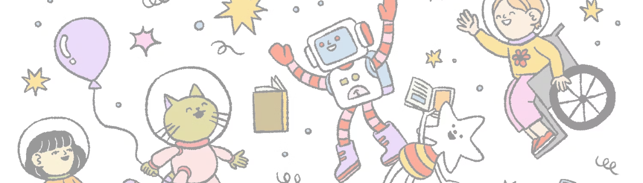 Drawings of kids and animals in space reading