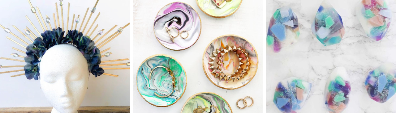 pinterested_hero.png Three images. One of a tiara made from zipties, one of marbled clay dishes, and one of soap shaped like gemstones