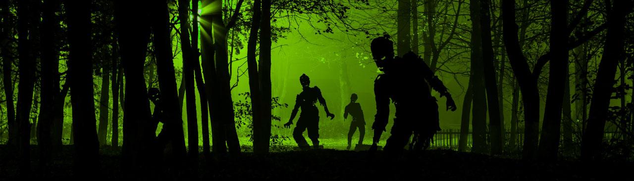 silhouettes of zombies in a forest with an eerie green background