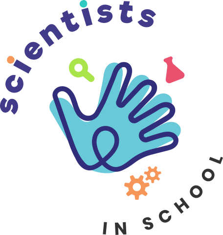 The logo for Scientists in School, a blue hand with a darker blue outline